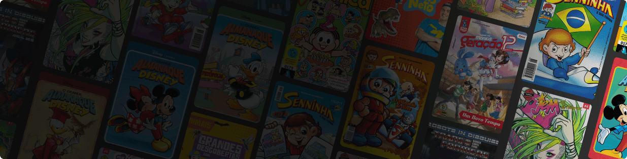 A imagem ilustra diversos quadrinhos conhecidos como 'Senninha', 'Turma da Mônica' e 'Almanaque Disney'.